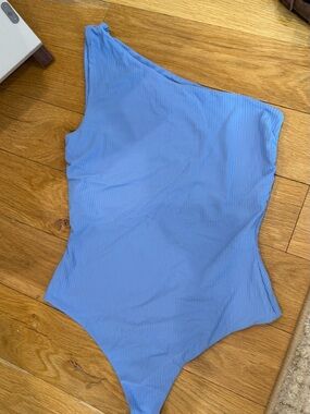 Kookai ribbed one shoulder bodysuit in blue